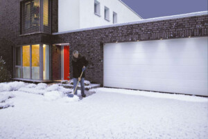 Steel garage door in snow