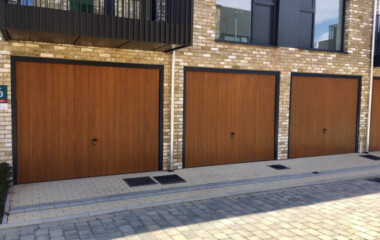 CDC GRP Garage Door Verwood Style in Honey Beech with anthracite grey frames and fully automated