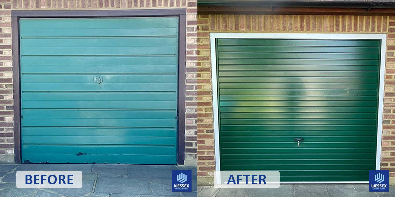 Before and after dark green garage door