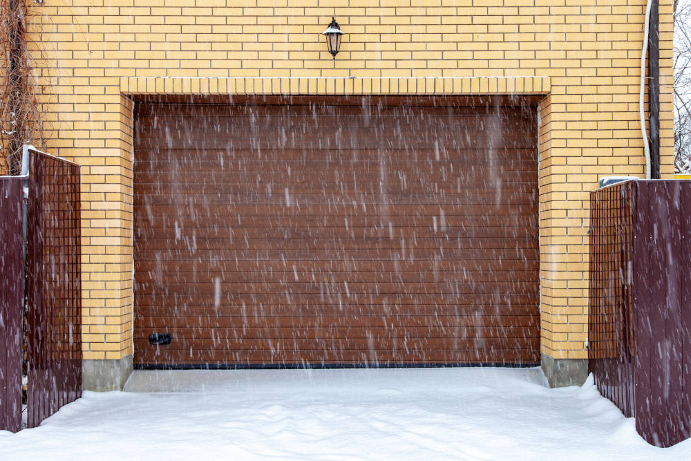 Slide door, roller shutter texture, garage gate in winter during snowfall