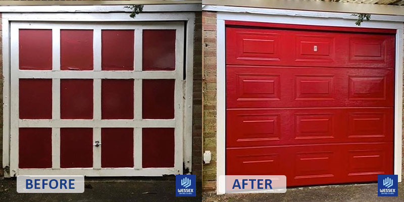 Before and after red garage door