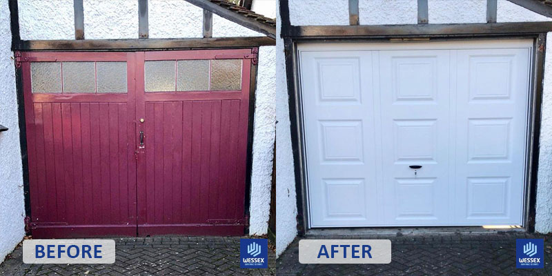Before and after red to white garage door