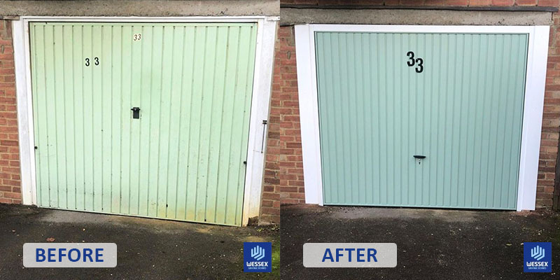 Before and after sage green garage door