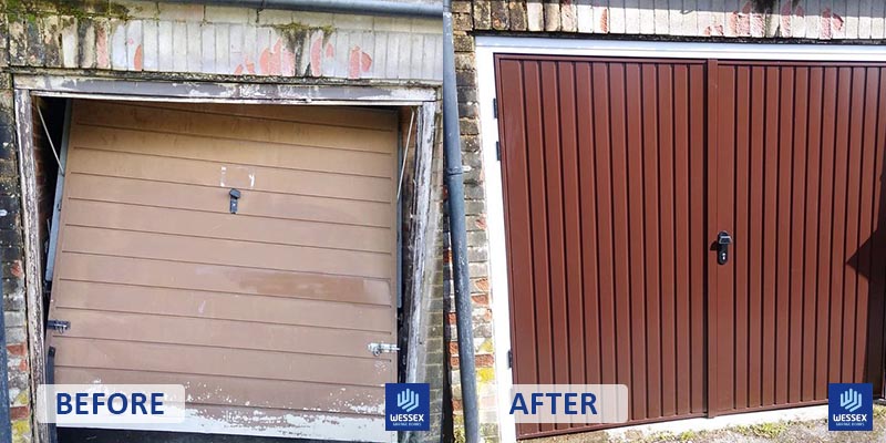 Before and after beige to wood garage door