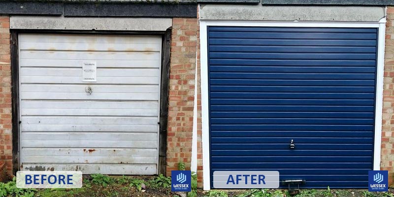 Before and after white to navy garage door
