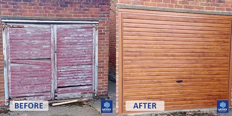 Before and after red to wood garage door